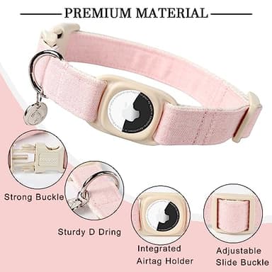 DOGWONG Airtag Cotton Hemp Dog Collar, Heavy-Duty Dog Collar with Airtag Holder Pink Natural Fabric Pet Cute Puppy Necklace for Small Medium Large Dogs - Image 2