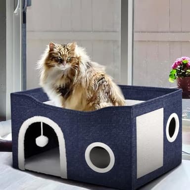 Heeyoo Cat House for Indoor Cats - Large Cat Bed Cave with Fluffy Ball and Scratch Pad, Foldable Cats Houses & Condos, Cat Hideaway, Covered Kitty Bed for Multi Small Large Kitty, 23.8x15.9x13.2 Inch - Image 3