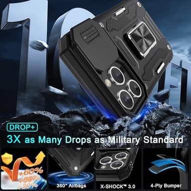 DEERLAMN Case for iPhone 16 Pro Max with Slide Camera Cover+Screen Protector (1 Pack), Rotated Ring Kickstand Military Grade Shockproof Protective Cover-Black - Image 3