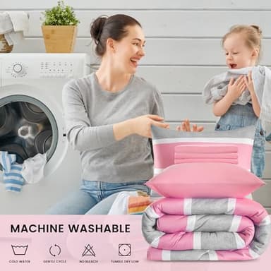 SLEEP ZONE Kids Comforter Set Twin Size, Jersey Knit 5 Pieces Bedding, Super Soft and Breathable Comforter with Sheets, Pillowcases (Pink Grey Stripe) - Image 7