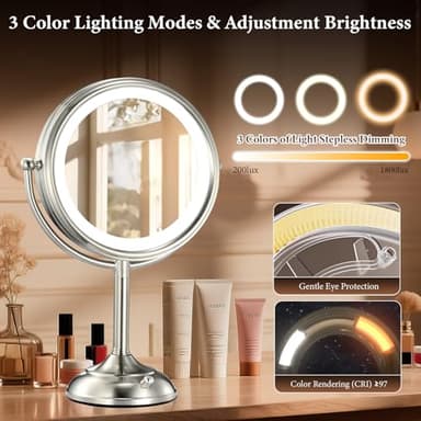 Professional 8.5" Large Lighted Makeup Mirror with Brighter Lights, 1X/10X True HD Magnifying Mirror with 3 Color Dimmable Lights, 90 Shadowless LEDs, 360°Swivel Seamless Vanity Mirror, Pearl Nickel - Image 5