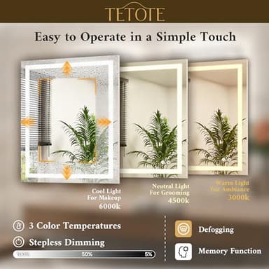 TETOTE LED Bathroom Mirror with Lights 28 x 36 Frontlit and Backlit Light up Mirror, Brighter Lighted Bathroom Mirror for Wall, 3-Color Anti Fog Mirror, Waterproof, Shatterproof Tempered Glass - Image 3