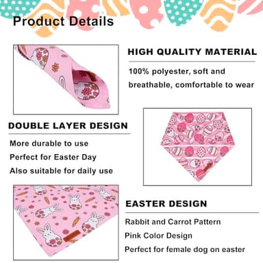 ADOGGYGO Easter Dog Bandana, Pink Bunny Scarf, Premium Durable Fabric, Adjustable Fit Female Pet Easter Bandanas for Medium Large Dogs (Large) - Image 5
