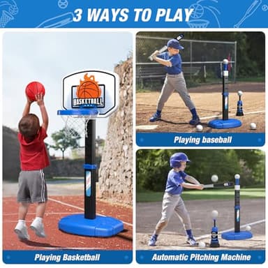 Wee Wonders 2 in 1 Toddler Basketball Hoop and T Ball Set with Automatic Pitching Machine - Adjustable Height, Kids Basketball Hoop Suit for Indoor/Outdoor, Sport Toys Gifts for Boys Age 3-5, Black - Image 2