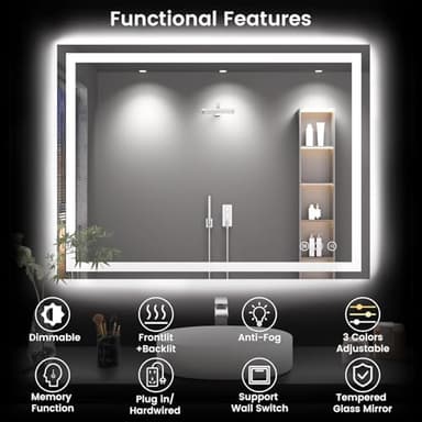 40X30 LED Bathroom Mirror with Lights, Anti-Fog, Backlit + Front Lit, Lighted Bathroom Vanity Mirror for Wall, Memory Function, Dimmable, Tempered Glass, Shatter-Proof, ETL Listed - Image 8