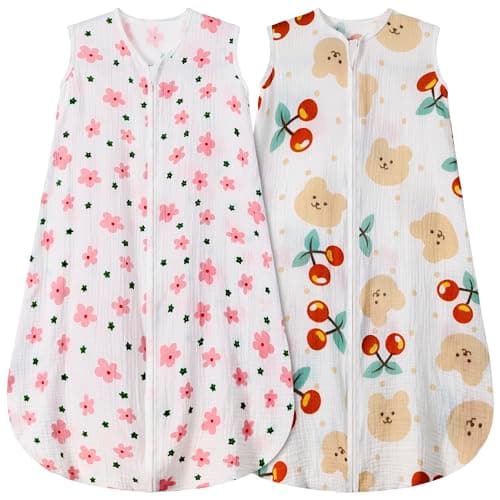 BSTOPPT 2 Pack Baby Sleep Sack 0-6 Months 100% Cotton Muslin Baby Sleeping Bag 2-Way Zipper Wearable Blankets (Flower & Cherry, Small) - Image 1