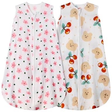 BSTOPPT 2 Pack Baby Sleep Sack 0-6 Months 100% Cotton Muslin Baby Sleeping Bag 2-Way Zipper Wearable Blankets (Flower & Cherry, Small) - Image 1