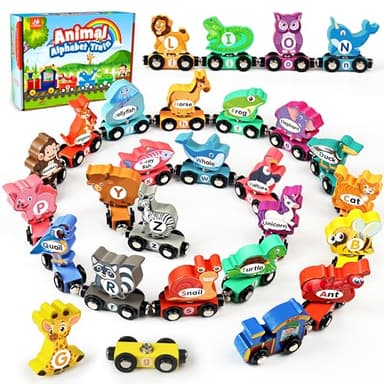 Vanmor Wooden Train Set for Toddlers - Snap-Connection Animal Trains, Magnetic Alphabet Train Learning Toys, STEM Preschool Toys, ABC and Animal Play Set for Kids Ages 3-5 - Image 1