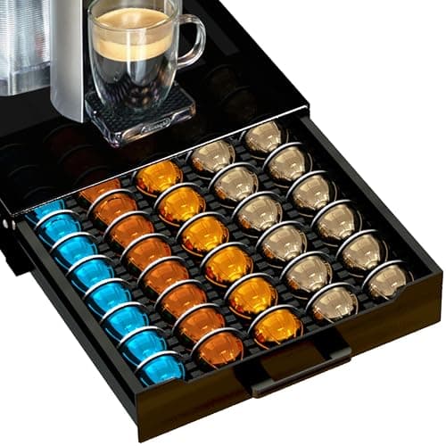 Coffee Pod Holder Drawer Organizer with Deluxe Black Tempered Glass Top, Compatible for Nespresso Vertuo Pods, Holds up to 75 Small or 50 Big Vertuo Pods Compact Design (Piano Black) - Image 1
