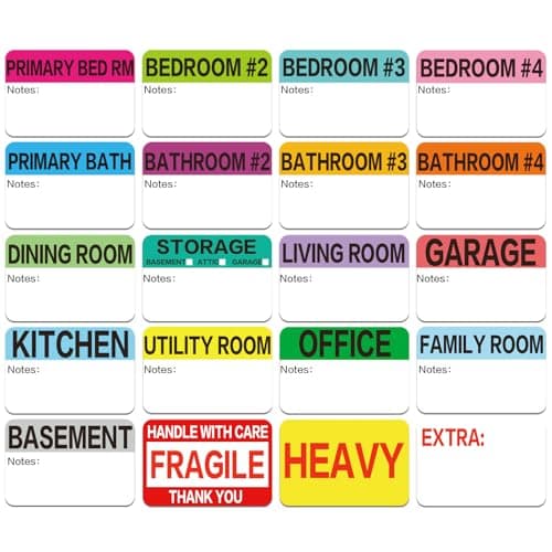 600 Count 3 x 2 Large Home Moving Packing Box Labels for 3-4 Bedroom House with Writable Notes Areas, 17 Color Coded Moving Labels for Boxes + Fragile Moving Stickers + Heavy and Blank Labels - Image 1