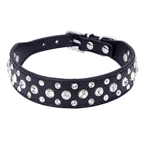 Dogs Kingdom 12"-20" Length Personalized Rhinestone Leather Bling Crystal Pet Dog Cat Collars for Small Medium Breeds Black S - Image 1