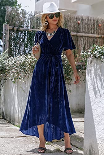 BerryGo Women's Formal Velvet Wrap Dress V Neck Cocktail Short Sleeve Swing Long Maxi Dress Navy L - Image 6