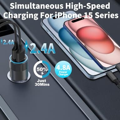 【Apple MFi Certified】iPhone 16 Car Charger Fast Charging, Rombica 4.8A USB Car Power Cigarette Lighter USB-C Car Charger with 2Pack Tyep-C Braided Cable for iPhone 16 Pro/16 Pro Max/15/15 Pro/iPad Pro - Image 9