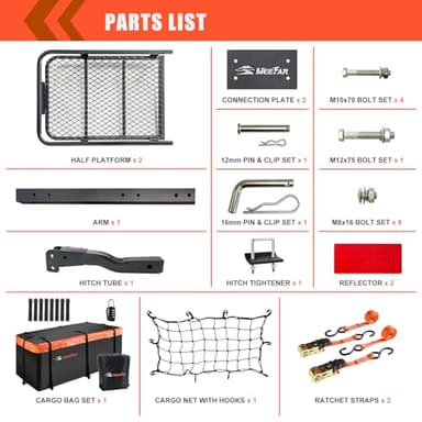 MeeFar Folding Hitch Mount Cargo Carrier Basket 60" X 20" X 6"+Waterproof Cargo Bag 16 Cubic Feet(58" 19" 24"),Hauling Weight Capacity of 500 Lbs and A Folding Arm.with Hitch Stabilizer,Net and Straps - Image 7