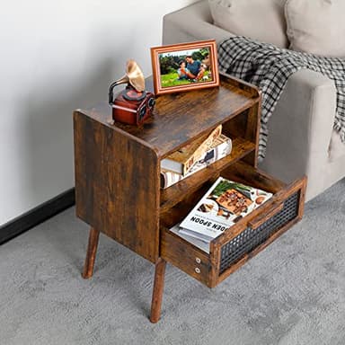 Lerliuo Rattan Nightstand, Boho Side Table with Drawer Open Shelf, Cane Accent Bedside End Table with Solid Wood Legs for Bedroom, Dorm and Small Spaces (Brown) - Image 7