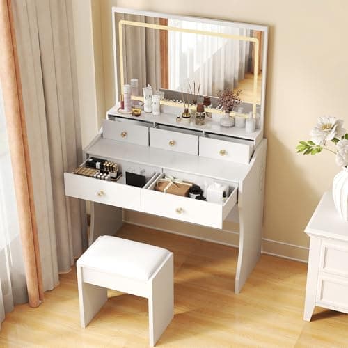 COMHOMA Makeup Vanity Desk with Mirror and Lights, Vanity Table and Chair Set with 5 Drawers and Charging Station, Bedroom Dresser LED Mirror Stepless Dimmable & 3 Color Modes Adjustable, White - Image 1