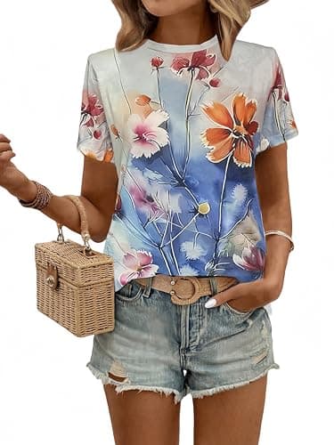 Huovud Women's Floral T Shirts Crew Neck Short Sleeve Summer Casual Tops (White, Medium) - Image 1