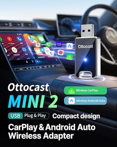 OTTOCAST Mini 2 in 1 Wireless Carplay Adapter & Wireless Android Auto Adapter for Apple iPhone Samsung or Other AndroidPhone, USB Bluetooth Car Accessories for OEM Wired Carplay/Android Auto Cars - Image 2