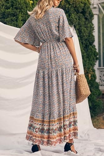 PRETTYGARDEN Women's Casual Summer Boho Floral Print Dress V Neck Short Sleeve High Waist Long Maxi Beach Dresses (White Floral,Large) - Image 2