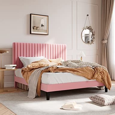 SHA CERLIN Queen Upholstered Platform Bed Frame with Adjustable Headboard/Vertical Channel Tufted Velvet Fabric/Wooden Slats Support/Mattress Foundation/Box Spring Optional/Pink - Image 3