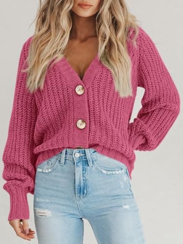 PRETTYGARDEN Womens Open Front Long Sleeve Button Chunky Knit Cardigan Sweater (Grey Pink, Small) - Image 4