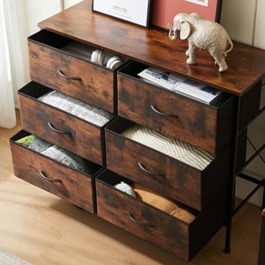 DUMOS TV Stand for Living Room Entertainment Center with 6 Fabric Drawers Dresser for Bedroom Storage Organizers Units, Brown - Image 7