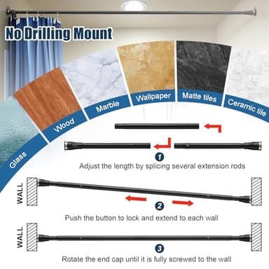 Heavy Duty Shower Curtain Rod - 42 to 72" Adjustable,3-In-1 Installation (No Drilling, Stick On Or Screw In Mount),Non-Slip Stainless Steel Tension Rod for Bathroom,Closet,Window,Doorways - Image 8