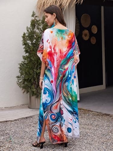 IMAGEKOPE Women's Plus Size Loose Fit Moroccan Print V-Neck Batwing Kaftan Beach Dress Bathing Suit Cover Up - Image 5