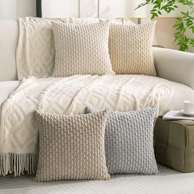 Cozoomy Set of 4 Neutral Decorative Throw Pillow Covers 18x18 Inch Corduroy Pillow Covers for Bed Couch Sofa Living Room Soft Square Cushion Cases - Image 2