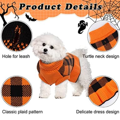 LeLePet Dog Sweater Dress - Turtleneck Pullover Knitwear, Warm Plaid Halloween Sweater for Small to Large Dogs, Yorkies, Orange, M - Image 3