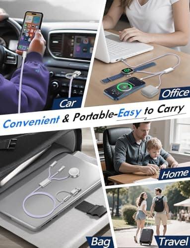 2Pack Multi Fast Charging Cable for Travel Vacation Essentials,Apple Watch Charger,iPhone Charger[3-in-2]USB A/Type C/Lightning Cable for iWatch,iPhone 16-11,Nintendo Switch,Airpods,Car,Camping-Purple - Image 3