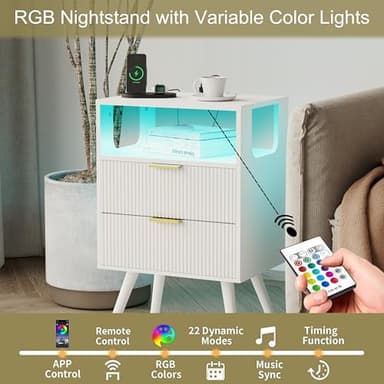 JOONEE White Nightstand with Charging Station and LED Lights,Modern Bedside Table with 2 Storage Drawer and Open Wood Shelf, for Bedroom and Small Spaces,Night Stand with Solid Wood Legs,White - Image 5