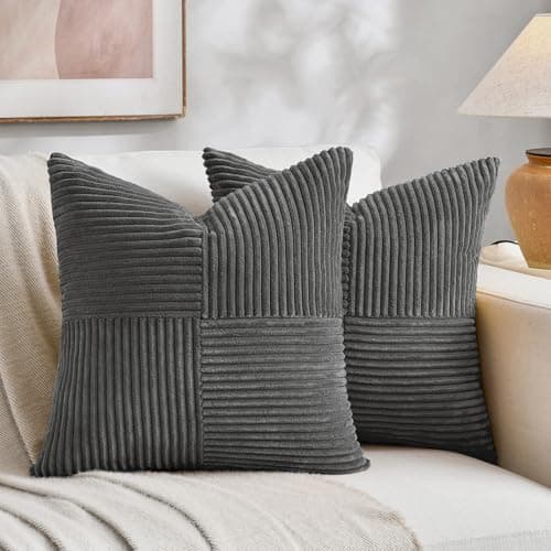 Fancy Homi 2 Packs Dark Gray Decorative Throw Pillow Covers 18x18 Inch for Living Room Couch Sofa, Rustic Farmhouse Boho Home Decor, Soft Corss Corduroy Patchwork Textured Square Cushion Case 45x45 cm - Image 1