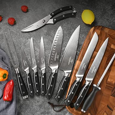 18 Pieces Damascus Kitchen Knife Set, 8 Piece Steak Knives, Non-slip ABS Ergonomic Triple Rivet Handle for Meat Fork, Knife Sharpener and Shears, 17 Slots Wooden Knife Block - Image 5