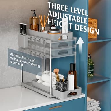 VERIFOST 2 Pack Adjustable Gray Under Sink Organizers, 2 Tier Pull Out Storage, Kitchen Bathroom Office Laundry Room Living Room - Image 4