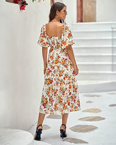 BTFBM Women Summer Dresses 2025 Casual Flowy Beach Square Neck Puff Short Sleeve Smocked Back Boho Floral Long Maxi Dress(Floral White Orange, Large) - Image 4