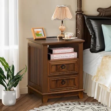 18" Farmhouse Night Stands Set of 2 with Charging Station, 2 Drawers End Table Dresser for Bedroom, Brown Wooden Nightstand, Bed Side Table with Open Shelf, Bedside Cabinet for Living Room - Image 5