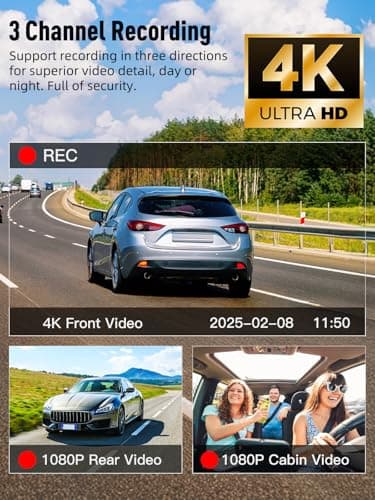 3 Channel 5G WiFi Dash Cam, 4K+1080P+1080P Dash Cam Front and Rear Inside with 64GB Card, 3.16” IPS Screen, G-Sensor, Loop Recording, Parking Monitor, 170° Wide Angle, IR Night Vision, WDR, Silver - Image 4