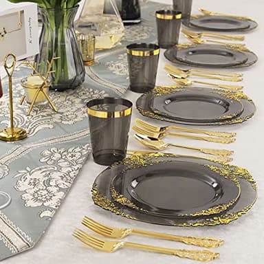 Nervure 175pcs Clear Black Plastic Plates - Gold Plastic Dinnerware Set for 25 Guests include 50 Disposable Plates,75 Gold Silverware,25 Cups,25 Napkins Perfect for Party&Independence Day - Image 6
