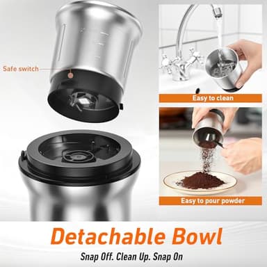 Secura Electric Coffee Grinder and Spice Grinder with 2 Stainless Steel Blades Removable Bowls - Image 6