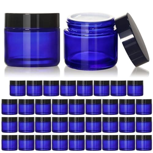 KEYWING 2oz Small Glass Jars with Black Lids, 35 Pack Blue Round Glass Cosmetic Jars with Inner Liners for Cream, Lotions, Powders and Ointments - Image 1