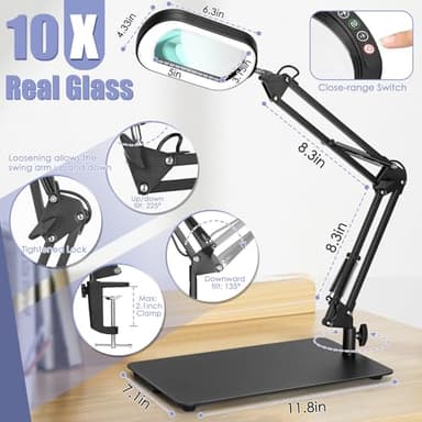 Drdefi 10X Square Magnifying Glass with Light and Stand, Real Glass LED Lighted Magnifier, 5 Color Modes Stepless Dimmable, Hands-Free Mag Desk Lamp with Clamp for Reading Craft Hobby Close Work - Image 6