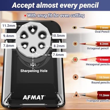 AFMAT PSX1 Electric Pencil Sharpener Heavy Duty, 6 Holes, Auto Stop Pencil Sharpeners for Classroom, Electric Sharpener for 6-11mm Colored Pencils, 7000 Sharpenings, Save Pencils, Black - Image 2