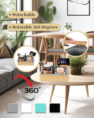 Hitseon Couch Cup Holder Tray, Handy Silicone Bamboo Couch Caddy with Rotatable Phone Holder for Bed Car Seat Organizer, Waterproof Anti-spill Sofa Cup Holder for Snacks Beverage Remote (Gray) - Image 2