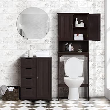 Yaheetech Large Bathroom Floor Cabinet with 4 Drawers and Single Door Cabinet, Freestanding Storage Cabinet for Living Room Kitchen Hallway, Espresso - Image 2