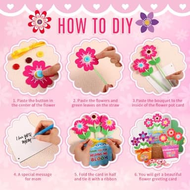 Kosiz 24 Sets Mother's Day Crafts Kit for Kids Flower Card Making Kit with Buttons Straws Ribbon DIY Flower Pot Handmade Greeting Card for Mother's Day Gift Home School Classroom Art Activities - Image 4
