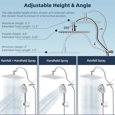 Hibbent All Metal Shower Head, 10'' High Pressure Rainfall Shower Head/Handheld Showerhead Combo with 12'' Adjustable Curve Shower Extension Arm, 10 Sprays, 71'' Shower Hose, Showerhead Holder, Chrome - Image 6