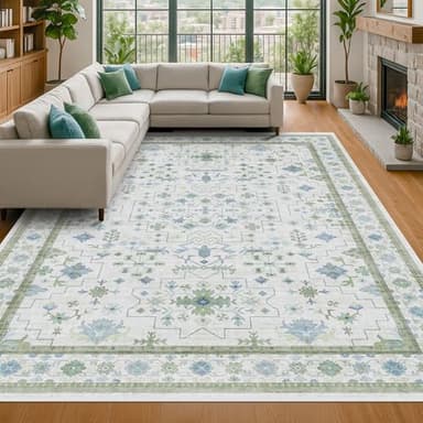 Oriental 10x14 Rug Living Room - Washable Oushak Boho Extra Large for Bedroom Non Slip Soft Faux Wool Carpet for Dining Room Playroom - Cream Blue and Green Floral Rug - Image 6