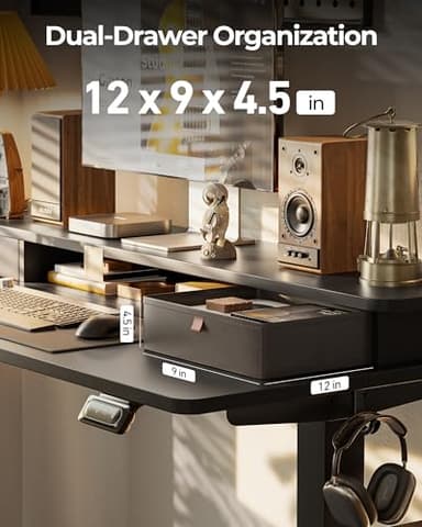 FEZIBO 48 x 24 Inch Height Adjustable Electric Standing Desk with Double Drawer, Stand up Home Office Computer Desk with 4 Height-Adjustable Feets & 2 Hooks,Black - Image 6