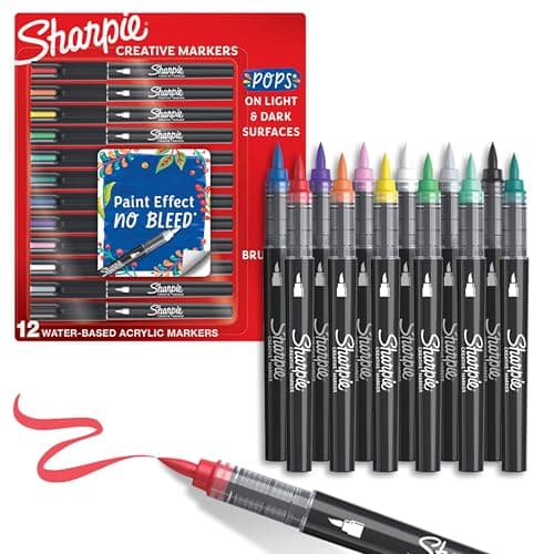 Sharpie Creative Markers, Water-Based Acrylic, Brush Tip, Assorted Colors, 12 Count – Arts & Crafts, Kids Activity, School Classroom; Works on Paper, Metal, Wood, Ceramic, Glass, Rock, Canvas - Image 1